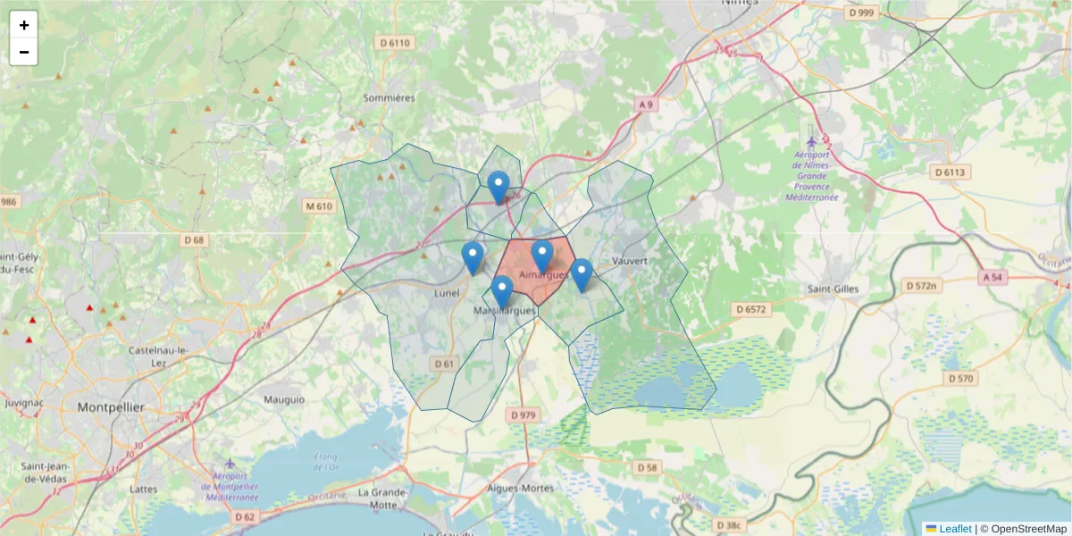 Carte de la zone du code postal  et des codes postaux voisins en France