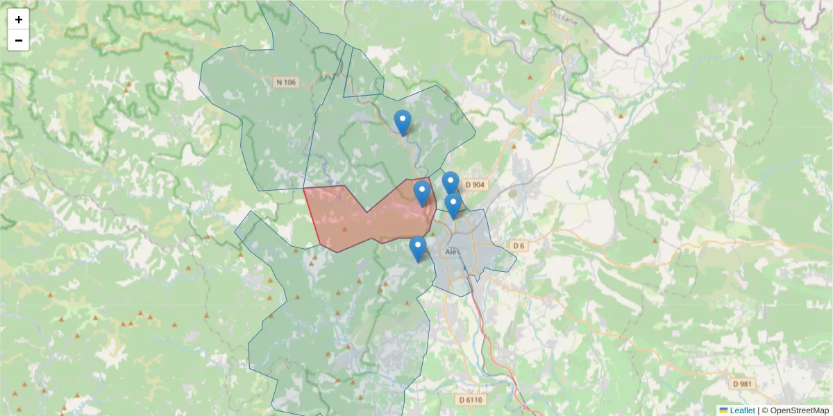 Carte de la zone du code postal  et des codes postaux voisins en France