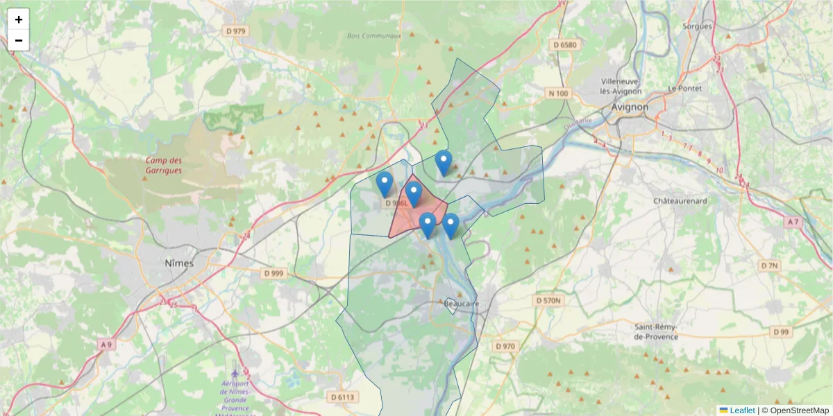 Carte de la zone du code postal  et des codes postaux voisins en France