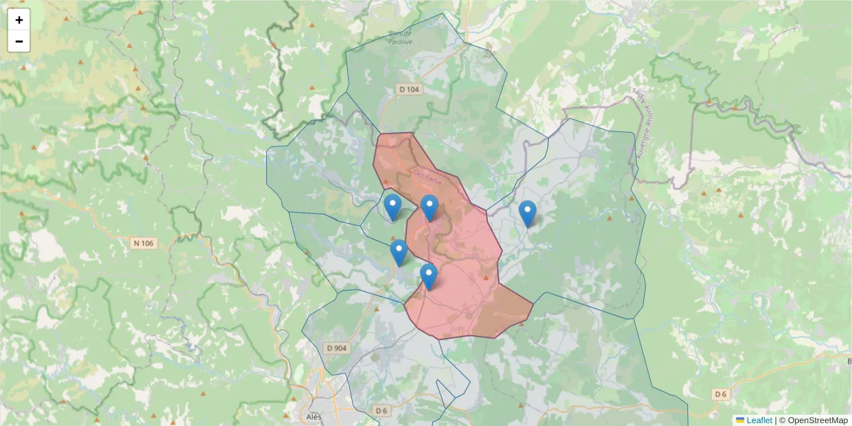 Carte de la zone du code postal  et des codes postaux voisins en France