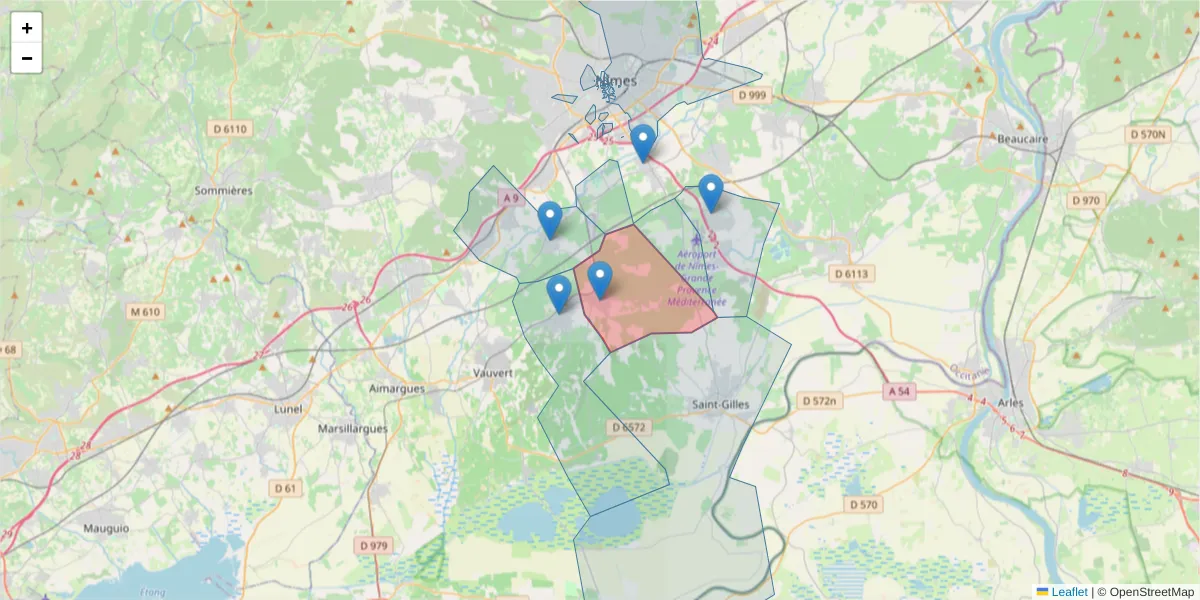 Carte de la zone du code postal  et des codes postaux voisins en France