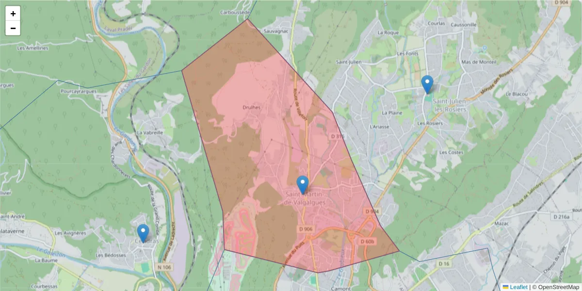 Carte de la zone du code postal  et des codes postaux voisins en France
