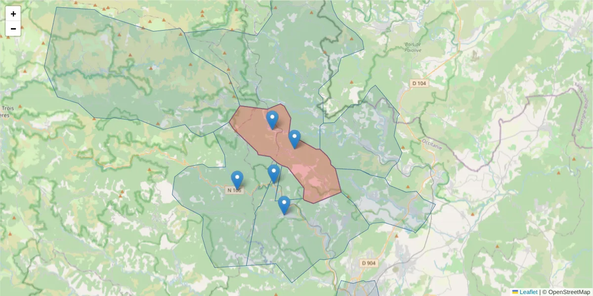 Carte de la zone du code postal  et des codes postaux voisins en France