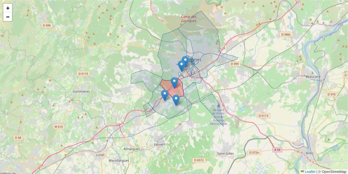 Carte de la zone du code postal  et des codes postaux voisins en France
