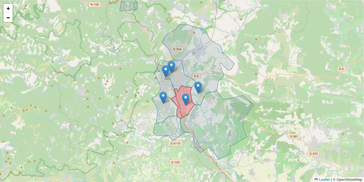 Carte de la zone du code postal  et des codes postaux voisins en France
