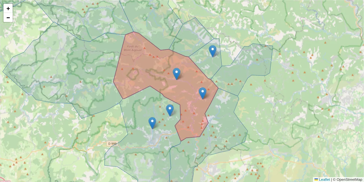 Carte de la zone du code postal  et des codes postaux voisins en France