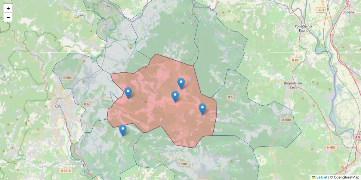 Carte de la zone du code postal  et des codes postaux voisins en France