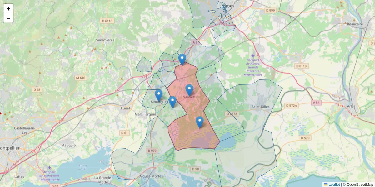 Carte de la zone du code postal  et des codes postaux voisins en France