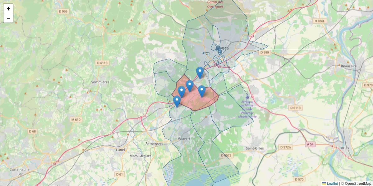 Carte de la zone du code postal  et des codes postaux voisins en France
