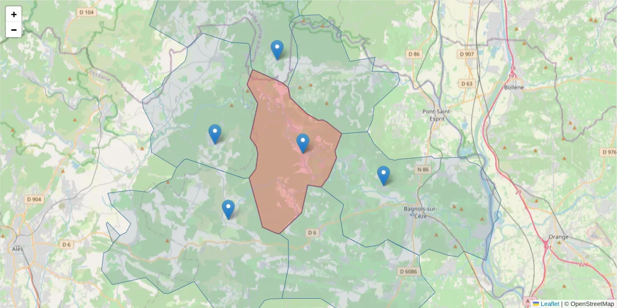 Carte de la zone du code postal  et des codes postaux voisins en France