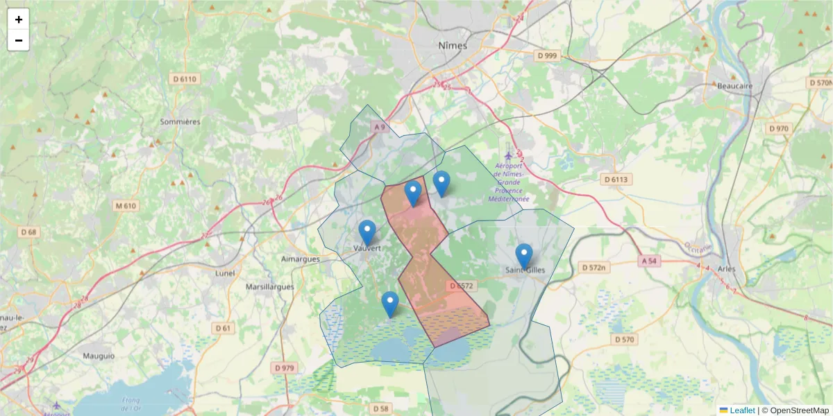Carte de la zone du code postal  et des codes postaux voisins en France