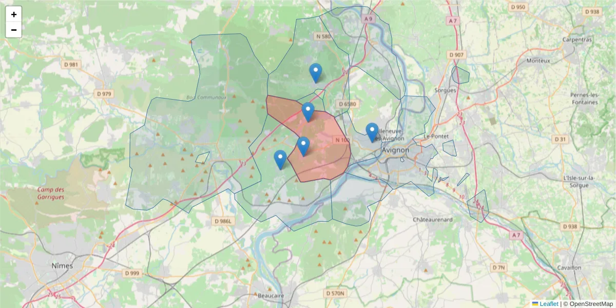Carte de la zone du code postal  et des codes postaux voisins en France