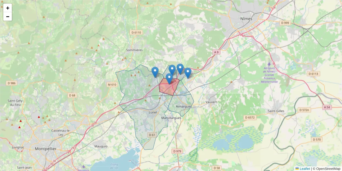 Carte de la zone du code postal  et des codes postaux voisins en France