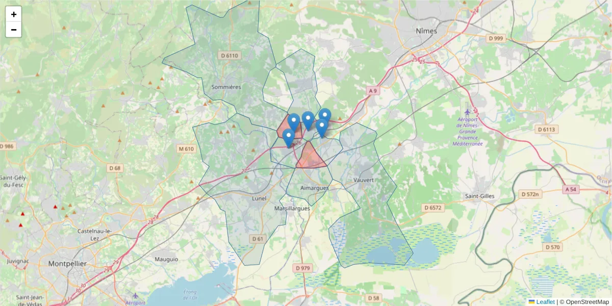 Carte de la zone du code postal  et des codes postaux voisins en France
