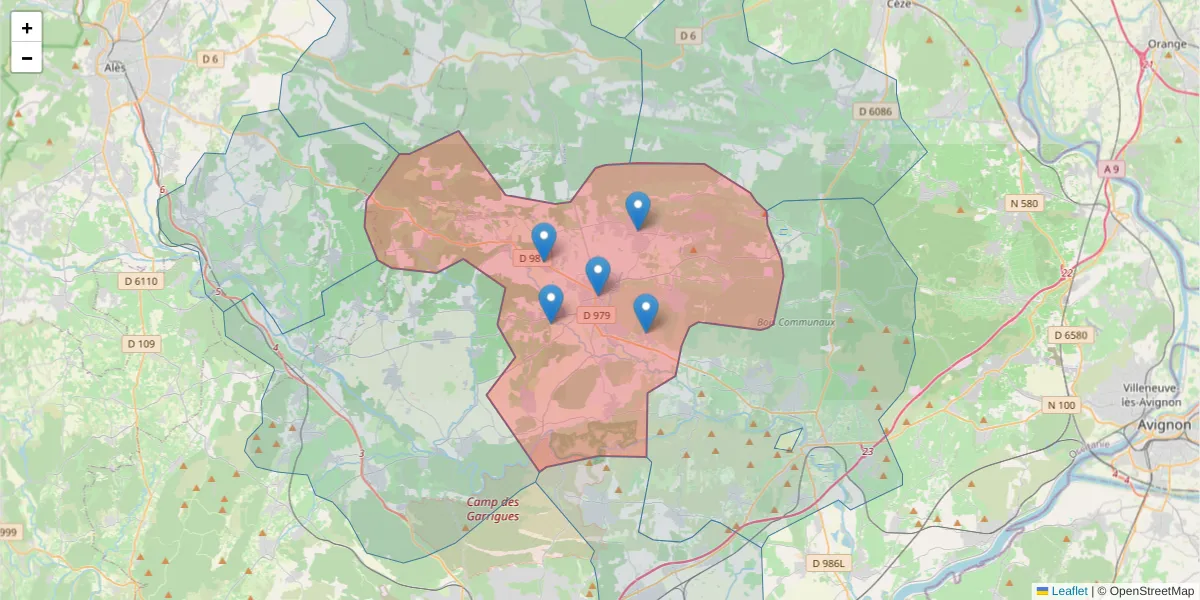 Carte de la zone du code postal  et des codes postaux voisins en France