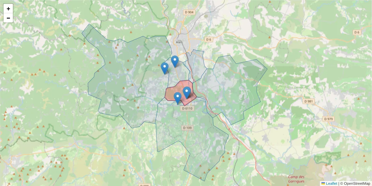 Carte de la zone du code postal  et des codes postaux voisins en France