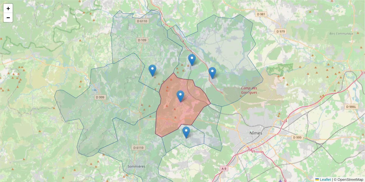 Carte de la zone du code postal  et des codes postaux voisins en France