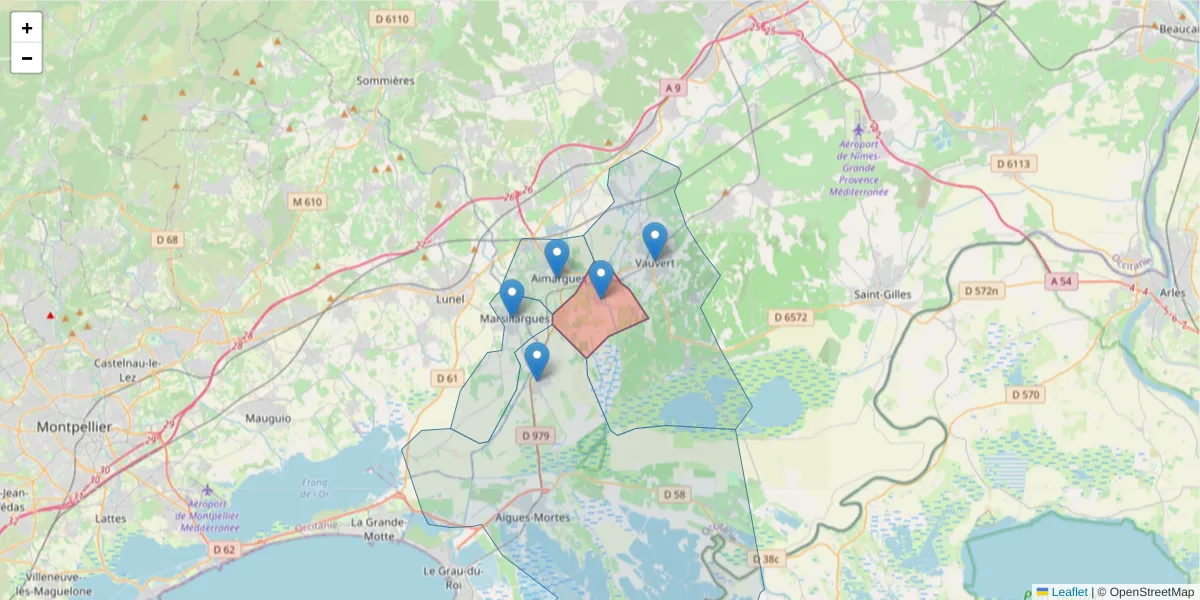 Carte de la zone du code postal  et des codes postaux voisins en France