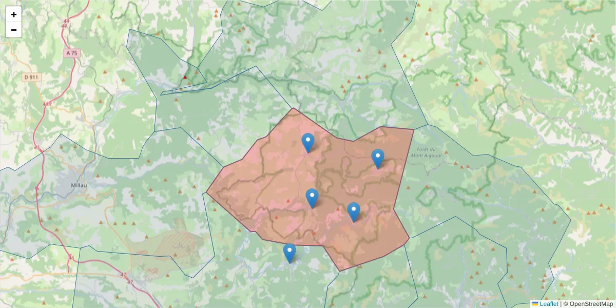 Carte de la zone du code postal  et des codes postaux voisins en France