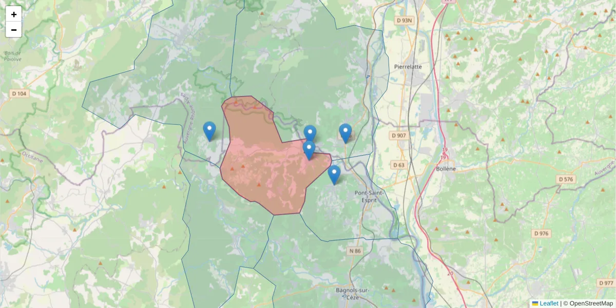 Carte de la zone du code postal  et des codes postaux voisins en France