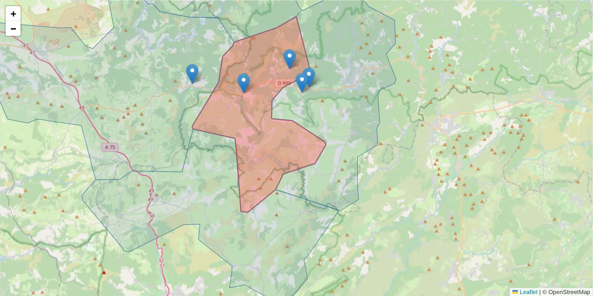 Carte de la zone du code postal  et des codes postaux voisins en France