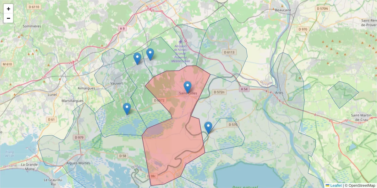 Carte de la zone du code postal  et des codes postaux voisins en France