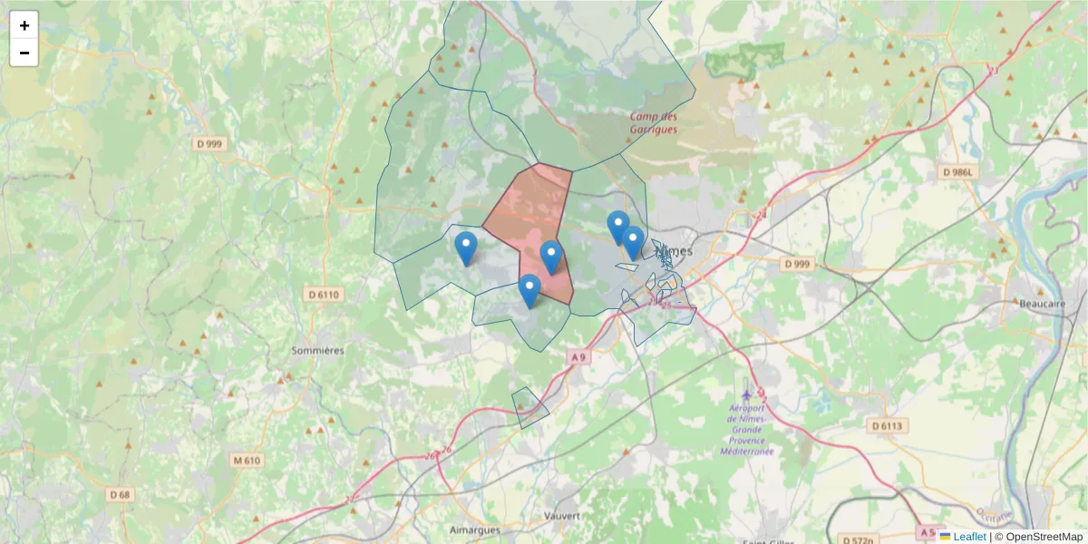 Carte de la zone du code postal  et des codes postaux voisins en France
