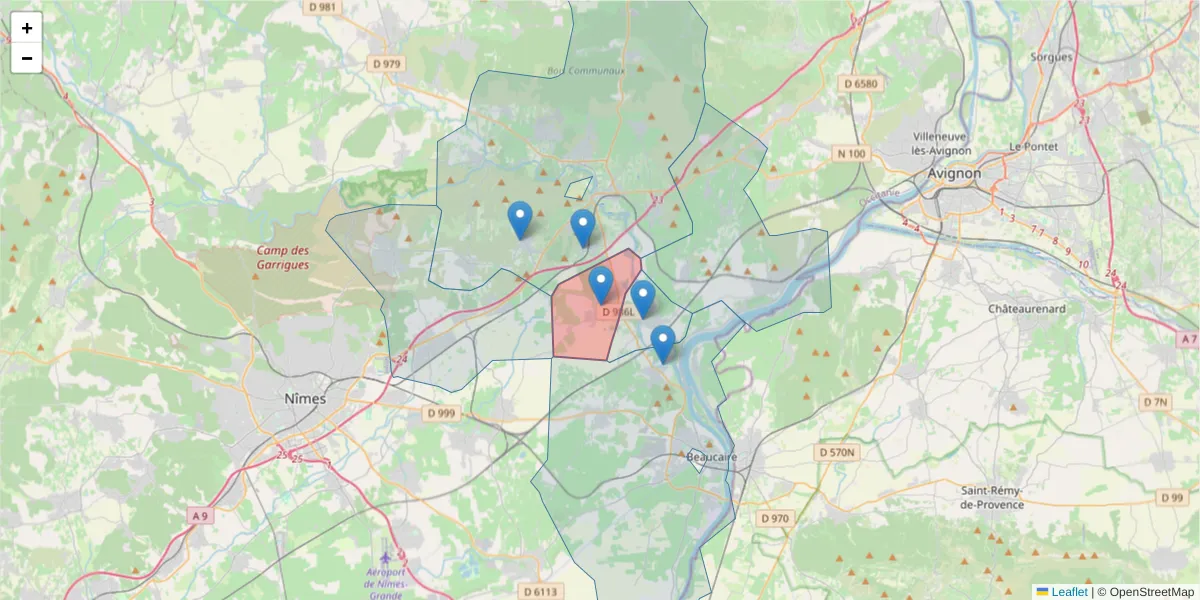 Carte de la zone du code postal  et des codes postaux voisins en France
