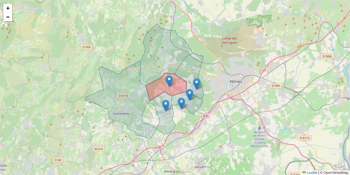Carte de la zone du code postal  et des codes postaux voisins en France