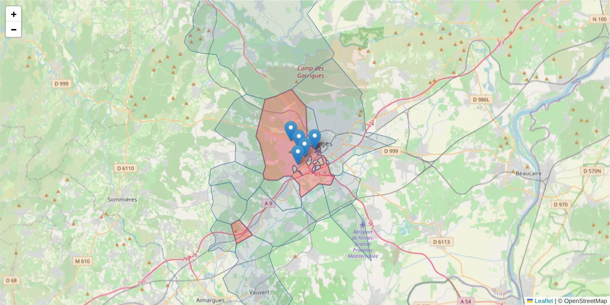 Carte de la zone du code postal  et des codes postaux voisins en France