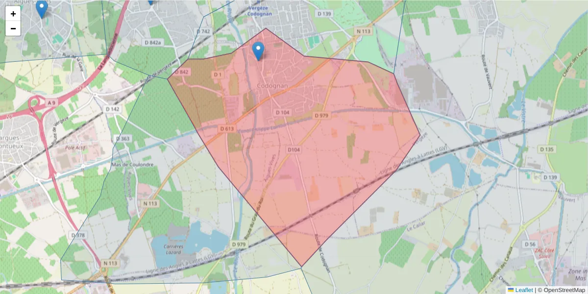 Carte de la zone du code postal  et des codes postaux voisins en France