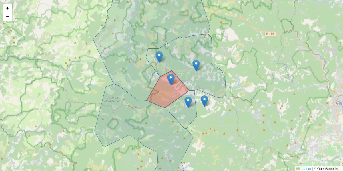 Carte de la zone du code postal  et des codes postaux voisins en France