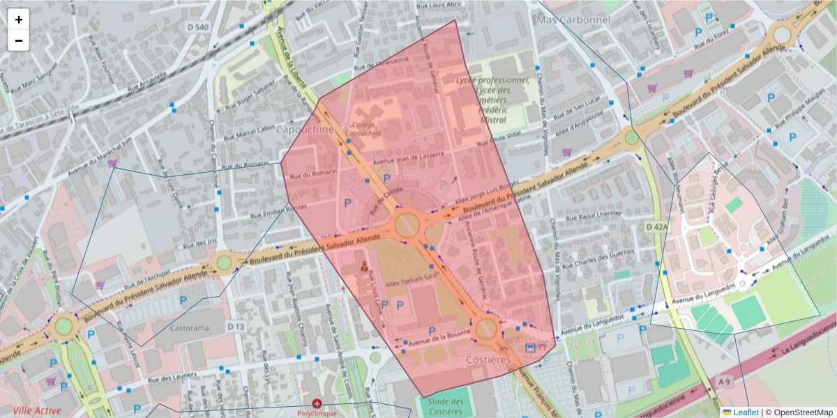 Carte de la zone du code postal  et des codes postaux voisins en France