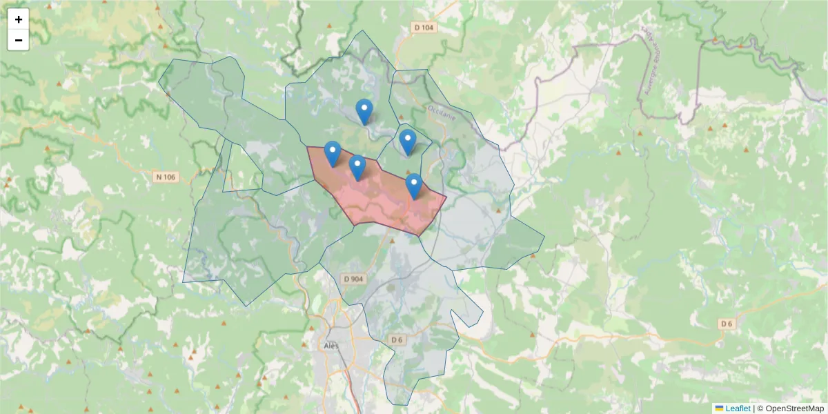 Carte de la zone du code postal  et des codes postaux voisins en France