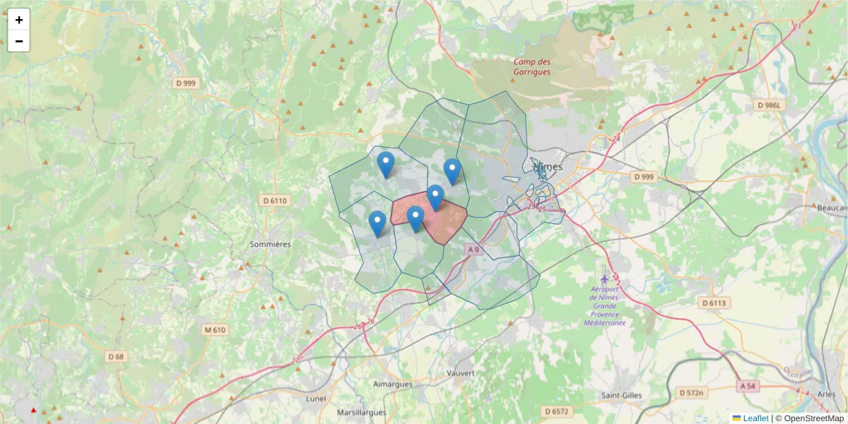 Carte de la zone du code postal  et des codes postaux voisins en France