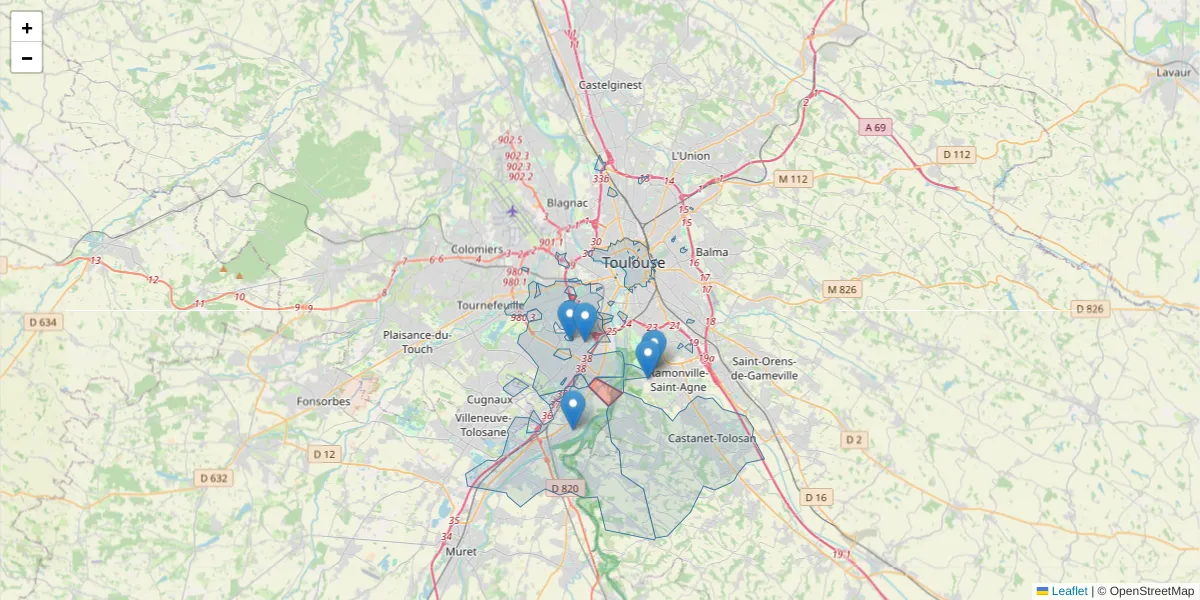 Carte de la zone du code postal  et des codes postaux voisins en France