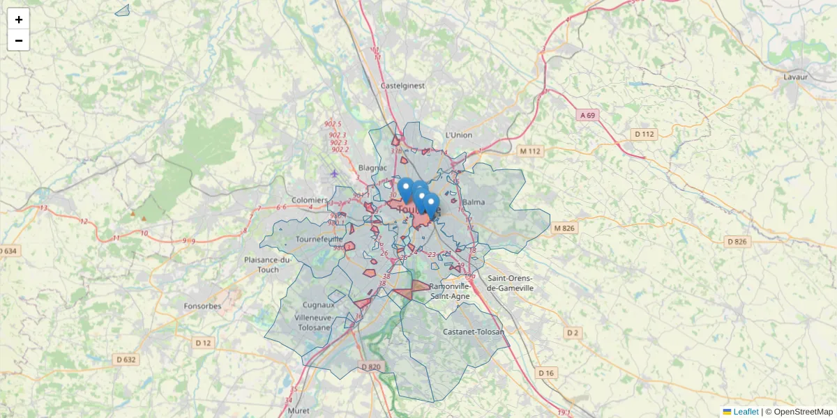 Carte de la zone du code postal  et des codes postaux voisins en France