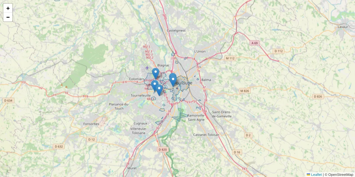 Carte de la zone du code postal  et des codes postaux voisins en France