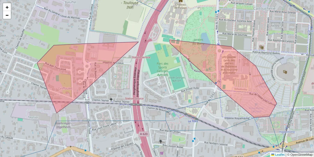 Carte de la zone du code postal  et des codes postaux voisins en France