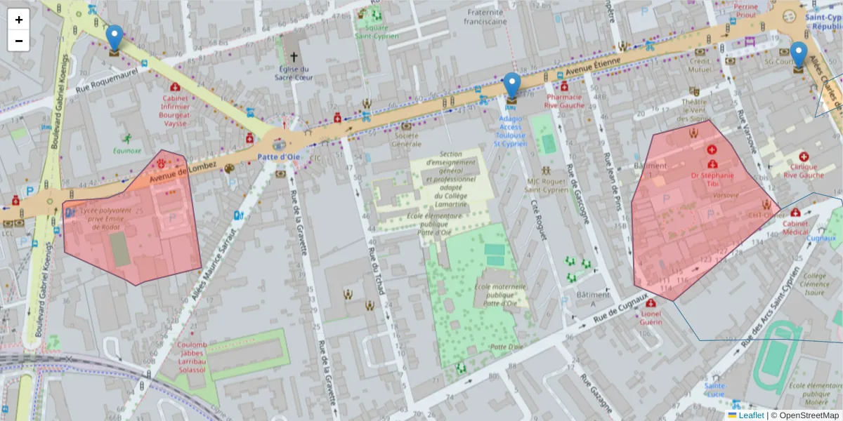 Carte de la zone du code postal  et des codes postaux voisins en France