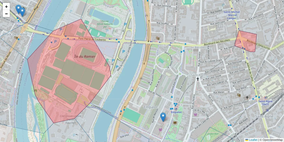 Carte de la zone du code postal  et des codes postaux voisins en France