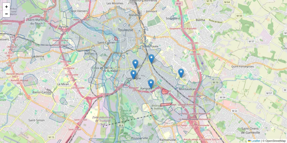 Carte de la zone du code postal  et des codes postaux voisins en France
