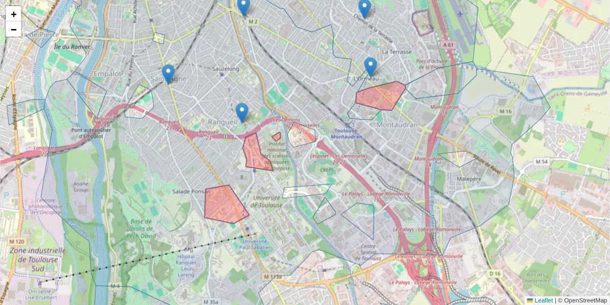 Carte de la zone du code postal  et des codes postaux voisins en France
