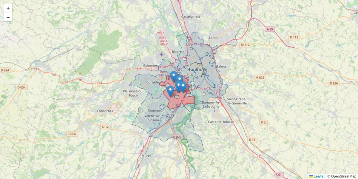 Carte de la zone du code postal  et des codes postaux voisins en France