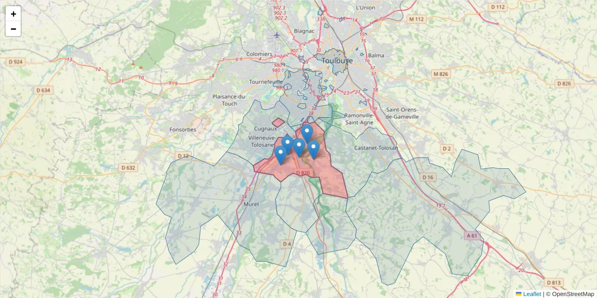 Carte de la zone du code postal  et des codes postaux voisins en France