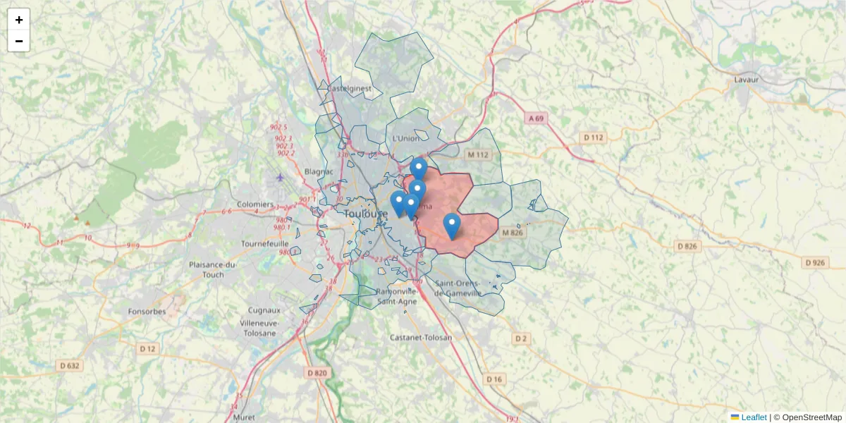 Carte de la zone du code postal  et des codes postaux voisins en France
