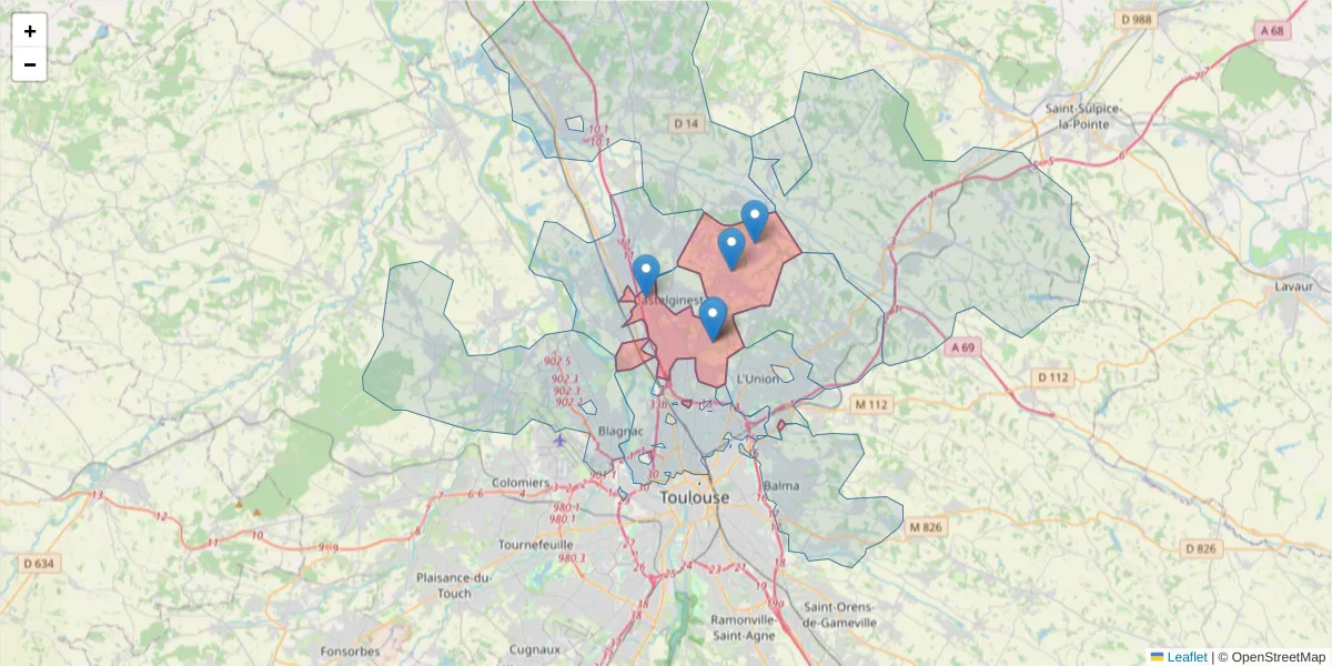 Carte de la zone du code postal  et des codes postaux voisins en France