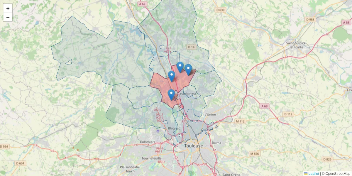 Carte de la zone du code postal  et des codes postaux voisins en France