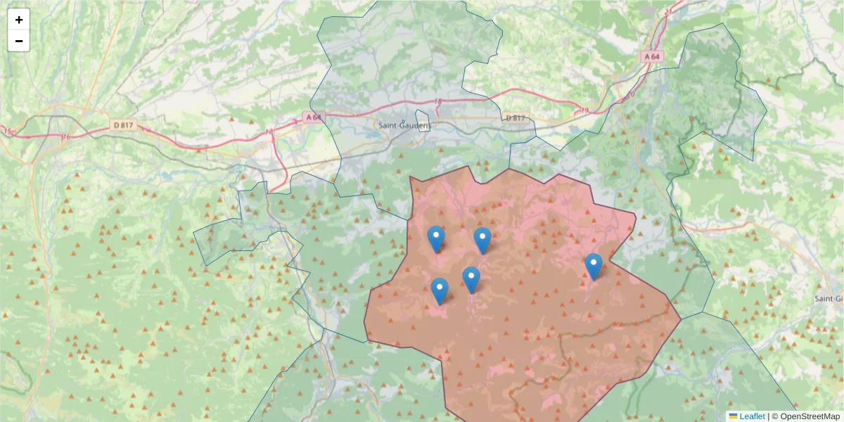 Carte de la zone du code postal  et des codes postaux voisins en France