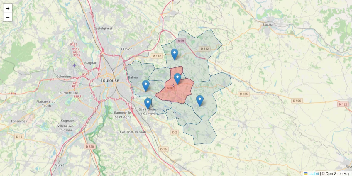 Carte de la zone du code postal  et des codes postaux voisins en France